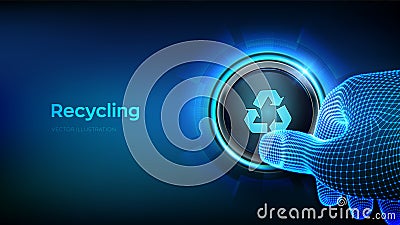 Eco concept with recycling symbol. Recycle - reduce - reuse. Environmental protection. Closeup finger about to press a button with Cartoon Illustration