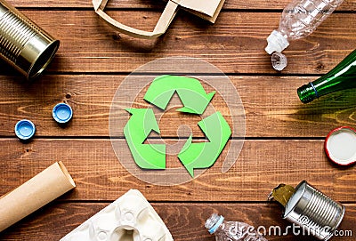 Eco concept with recycling symbol on table background top view Stock Photo