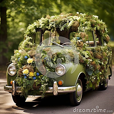 Eco-conscious Celebration: Sustainable Materials and Floral Displays for an Earth-friendly Car Stock Photo