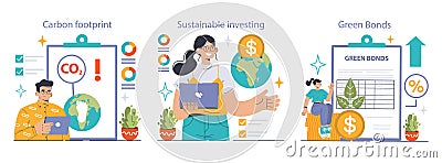 Eco-conscious finance set. Tracking carbon footprint, global sustainable Vector Illustration