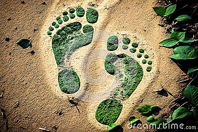 Eco-conscious Steps - Green Footprints on the Sand - Generative AI Cartoon Illustration