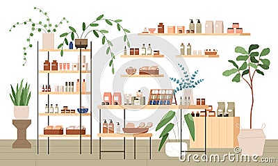 Eco cosmetic store interior with organic natural beauty products. Inside zero waste green shop with shelves, showcase Vector Illustration