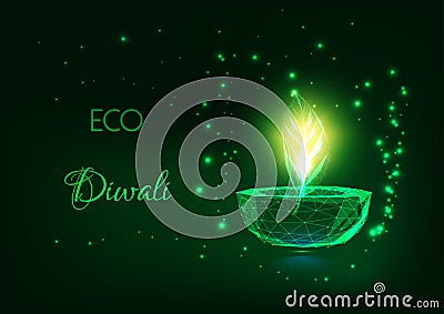 Eco Diwali concept with glowing low polygonal diya lamp and green leaf on dark green background. Vector Illustration