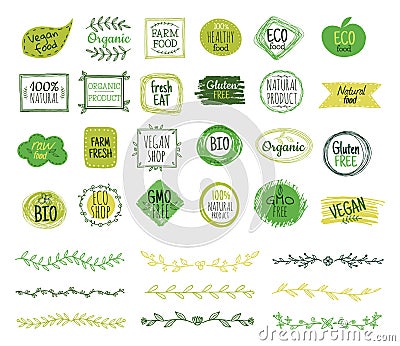 Eco emblems. Organic logo, green leaf borders. Natural fresh food stamps. Doodle branches, nature ornament. Vector Vector Illustration