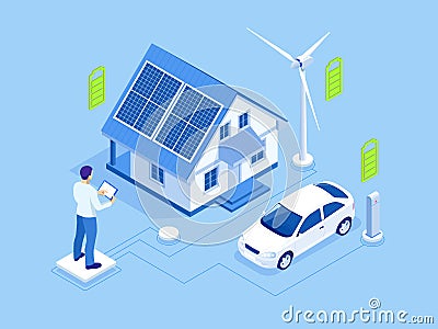 Eco energy and Ecology concept. Green energy an eco friendly modern house. Renewable energy solar and wind power Vector Illustration