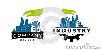 Eco energy factory with leaf logo. Industrial manufacturing concept. Nature industry symbol vector Vector Illustration