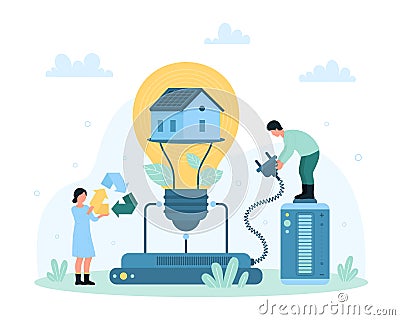 Eco energy, tiny people hold recycling sign and plug to connect smart home to battery Vector Illustration