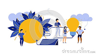 Eco energy vector alternative ecology illustration clean environment. Power solar renewable nature panel with people. Electric Vector Illustration