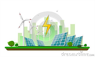 Vector illustration of clean electric energy from renewable sources sun and wind on white. Power plant station buildings with sola Vector Illustration