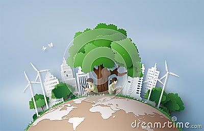 Eco and environment concept with children read a book. Vector Illustration