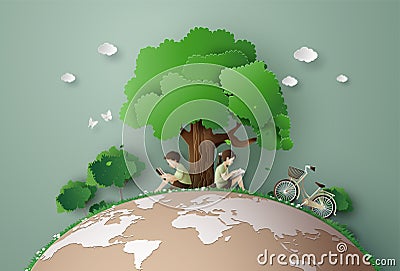 Eco and environment concept with children read a book. Vector Illustration