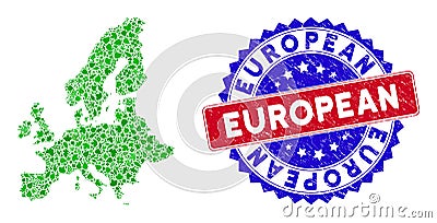 Bicolor European Grunge Seal Stamp with Herbal Green Composition of European Union Map Vector Illustration