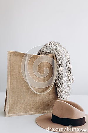 eco fabric bag beige handles set shopper Stock Photo