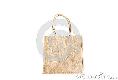 eco fabric bag beige handles white background Stock Photo