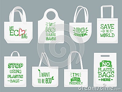 Eco fabric bag. Say no to plastic bags, polythene refuse ban slogan and textile shopping handbag vector illustration Cartoon Illustration