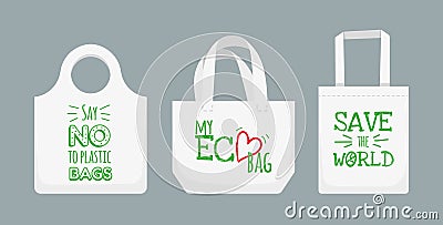 Eco fabric bag. Textile reusable handbag with text say no to plastic bag. Shopper made of recyclable material Vector Illustration
