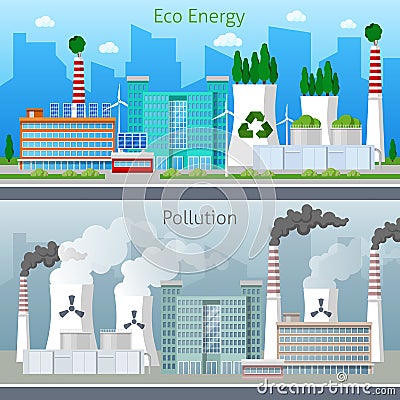 Eco Factory Green Energy and Air Pollution Cityscape Vector Illustration