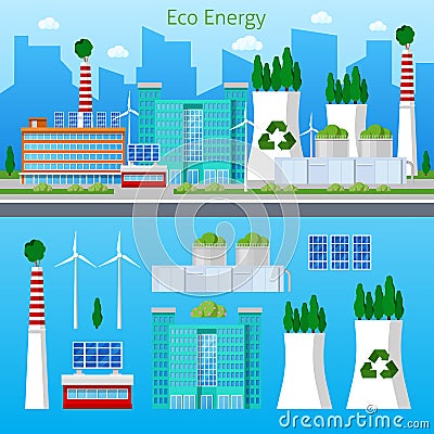 Eco Factory Green Energy Cityscape with Solar Battery Vector Illustration