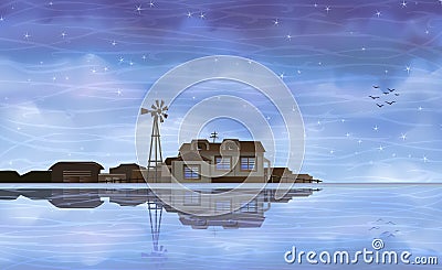 Eco farm reflecting in clear water Vector Illustration