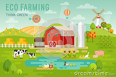 Eco Farming concept with house and farm animals. Vector Illustration