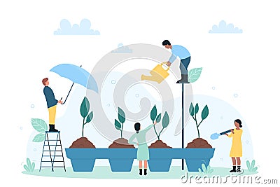 Eco farming, greenhouse and agriculture, tiny characters take care of growing sprouts Vector Illustration