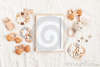Eco fiendly child wooden toys. Sustainable, developmental, sensory toys for babies and toddlers Stock Photo
