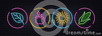 Eco food, Leaf and Sun minimal line icons. For web application, printing. Neon laser 3d lights. Vector Vector Illustration