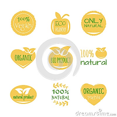 Eco food, organic bio products, eco friendly, vegan icons, ecology. Set of vector logo design elements Vector Illustration