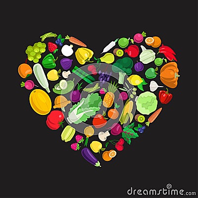 Eco food vector flat icons forming heart shape. I love vegetable Stock Photo