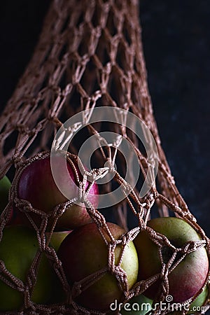 Eco-friendly bag avoska from weaving threads, Avoska - with apples, protectAvoska - a mesh, woven from harsh threads household bag Stock Photo