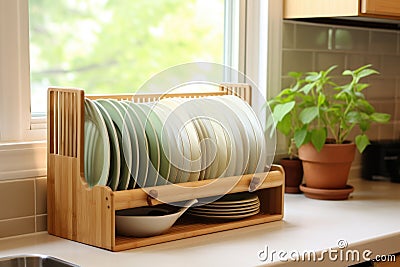 eco-friendly bamboo dish rack in kitchen Stock Photo