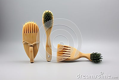 eco-friendly bamboo toothbrush and hair brush set Stock Photo