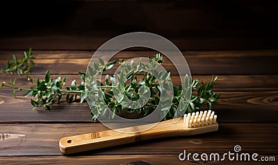 Eco-friendly bamboo toothbrushes and eucalyptus leaf on green background. Natural organic bathroom beauty product Stock Photo