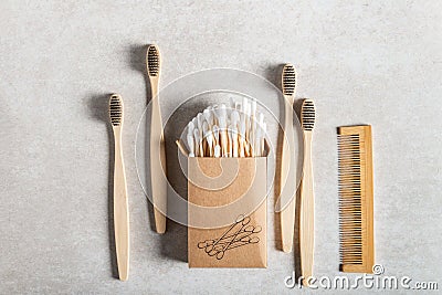 Eco Friendly Bamboo Toothbrushes, Bamboo Hair Comb and Plastic Free cotton buds Stock Photo