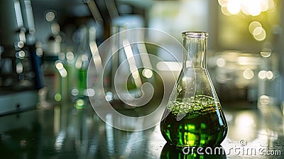 Eco-friendly biofuel contained in a laboratory flask, E-Fuel concept Stock Photo
