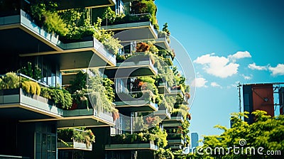 Eco-friendly building in the modern city. Sustainable glass office building with tree for reducing carbon dioxide. Office building Stock Photo