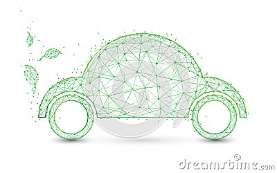 Eco friendly car and leaves form lines and triangles, point connecting network background. Ecology concept Vector Illustration