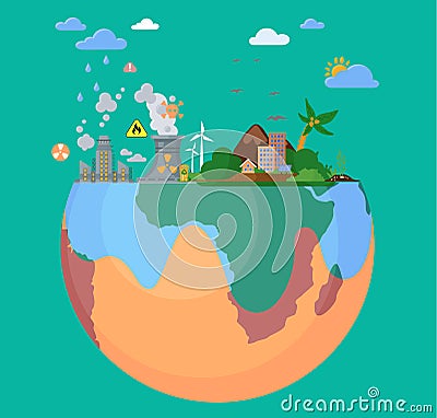 Eco friendly, choose right way concept. Solar green energy town, wind turbine. Dirty city factories Stock Photo
