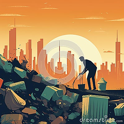 Eco-Friendly Citizen Sorting Waste with City Skyline in Background Cartoon Illustration
