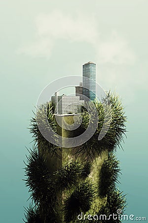 City on a pair of earth . The grass grows in the city through buildings Cartoon Illustration