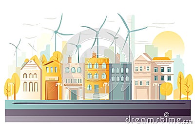 Eco friendly city, street view with busses and walking people and wind turbines at the background. Cartoon Illustration