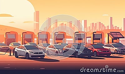 Eco-friendly commute: electric cars charging on company parking lot Creating using generative AI tools Stock Photo