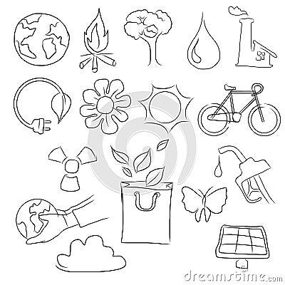 Eco friendly concept vector illustration, hand drawing of icon of bicycle, planet earth, globe, sun, bag,flower,water Vector Illustration