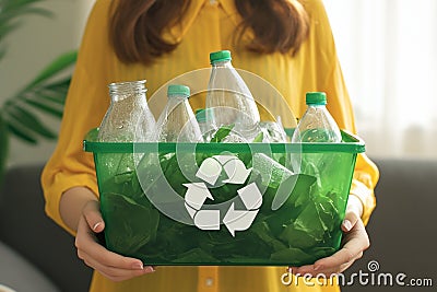 Eco friendly concept woman recycles plastic bottle in home recycling bin Stock Photo