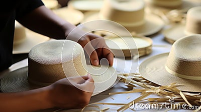 Eco-friendly Craftsmanship: Handcrafted Straw Hats In Light Yellow And Light Gold Stock Photo