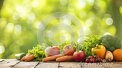 Eco-Friendly Delights: Vibrant Organic Fruits and Vegetables Beautifully Displayed on a Rustic Woode Stock Photo