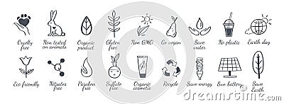 Eco friendly, ecology vector hand drawn icons set. Organic cosmetics, zero waste, save earth and healthy lifestyle Vector Illustration