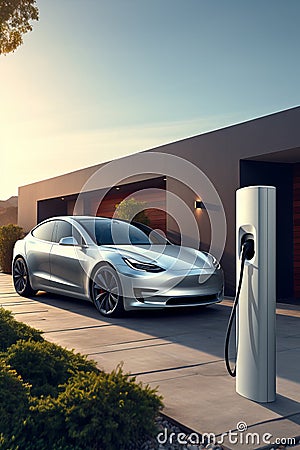 Eco-friendly electric car is conveniently parked in the driveway of a modern home, seamlessly connected to a built-in charging Stock Photo