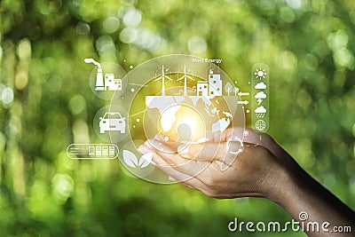 eco friendly energy. Innovation technology eco green concept. Icon bulb energy sources for renewable on green blur background. Stock Photo