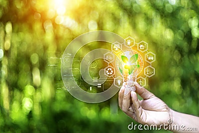 eco friendly energy. Innovation technology eco green concept. Icon bulb energy sources for renewable on green blur background. Stock Photo